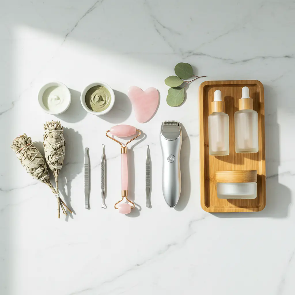 Minimalist layout of skincare tools