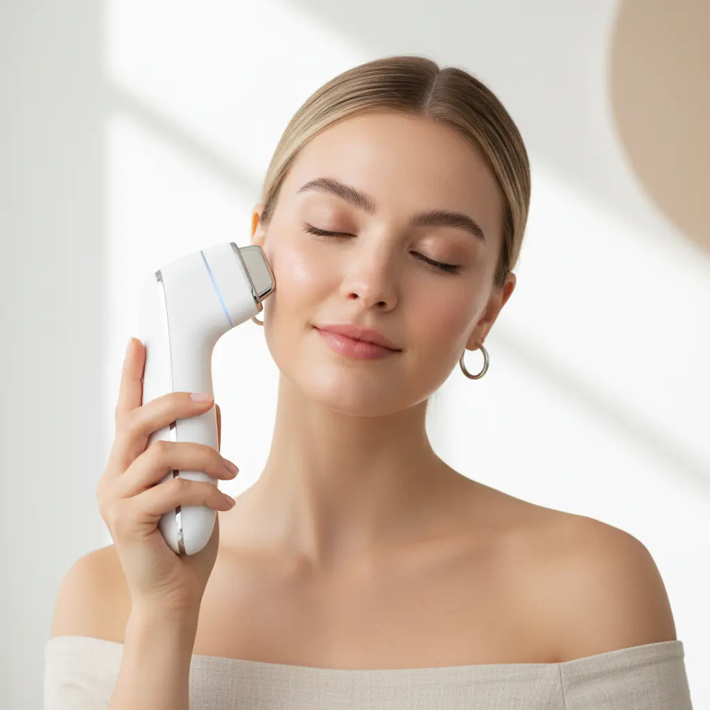 Woman using ultrasonic device on clean skin
