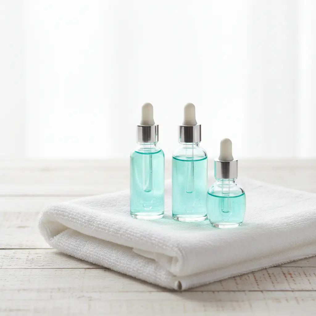 Minimalist composition with towels and serums